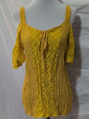 PerSeption Concept Mustard Yellow Cold-Shoulder Crochet Tie-Front Tank